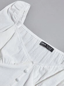 SHEIN Unity Button Front Lantern Sleeve Top - White - View 6
