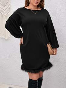 SHEIN Clasi Plus Drop Shoulder Fuzzy Trim Dress - Black - View 1