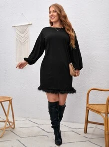 SHEIN Clasi Plus Drop Shoulder Fuzzy Trim Dress - Black - View 3