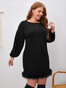 SHEIN Clasi Plus Drop Shoulder Fuzzy Trim Dress - Black - View 5