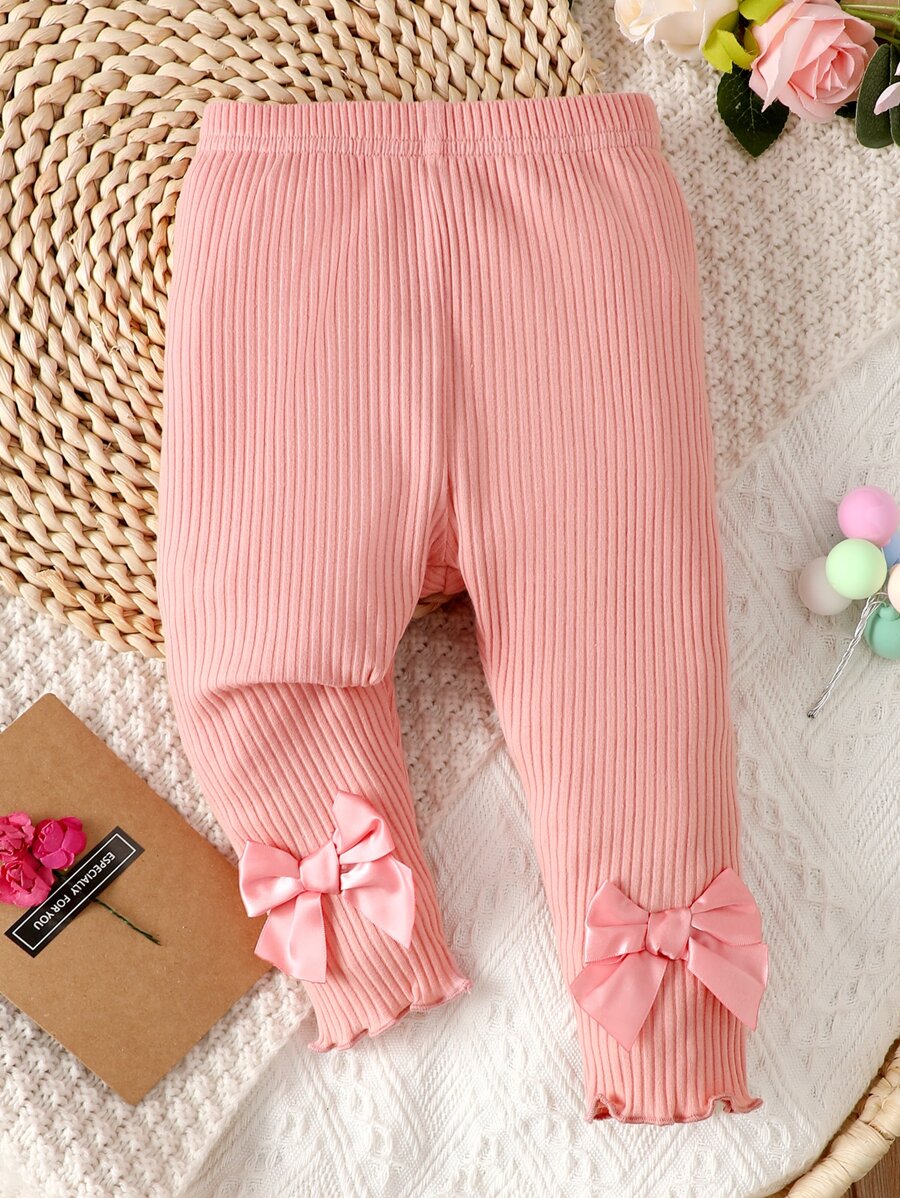 嬰兒前蝴蝶結木耳邊長褲 - 珊瑚粉 - 查看 1