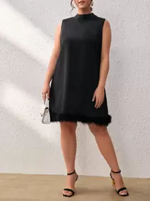 SHEIN Privé Plus Mock Neck Fuzzy Hem Dress - Black - View 1