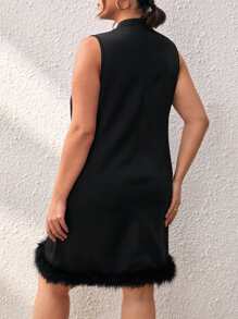 SHEIN Privé Plus Mock Neck Fuzzy Hem Dress - Black - View 2