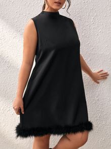 SHEIN Privé Plus Mock Neck Fuzzy Hem Dress - Black - View 3