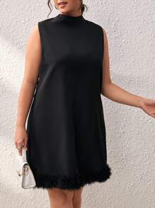 SHEIN Privé Plus Mock Neck Fuzzy Hem Dress - Black - View 4