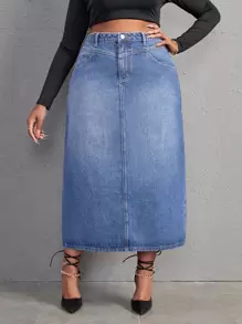 SHEIN Plus High Waist Denim Skirt - Light Wash - View 1