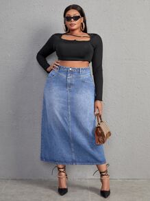 SHEIN Plus High Waist Denim Skirt - Light Wash - View 3