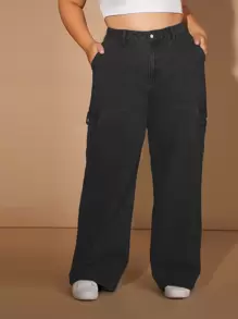 Plus High Waist Flap Pocket Side Cargo Jeans - Black - View 1