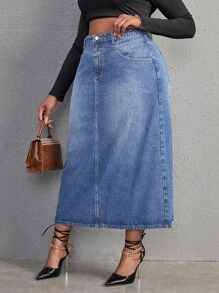 SHEIN Plus High Waist Denim Skirt - Light Wash - View 5