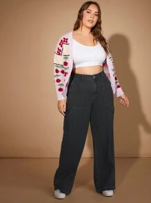 Plus High Waist Flap Pocket Side Cargo Jeans - Black - View 3