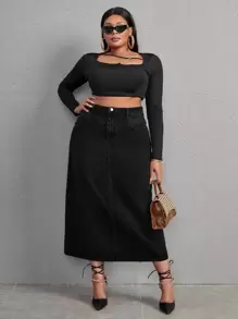 SHEIN SXY Plus High Waist Denim Skirt - Black - View 3