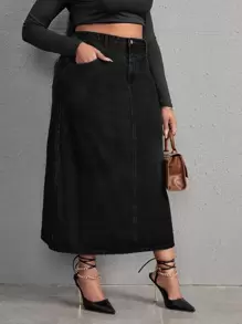 SHEIN SXY Plus High Waist Denim Skirt - Black - View 4