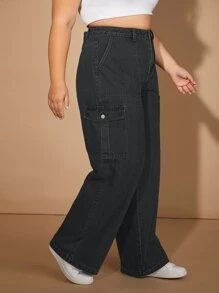 Plus High Waist Flap Pocket Side Cargo Jeans - Black - View 5