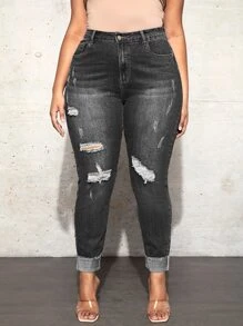 Plus Ripped Slant Pocket Skinny Jeans - Dark Grey - View 3