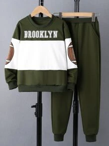 Boys Letter Graphic Two Tone Sweatshirt & Joggers - Army Green - View 1