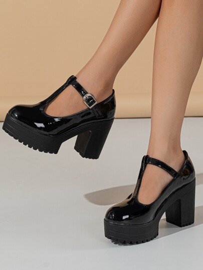 Platform Chunky Heeled Artificial Patent Leather Court Wedges