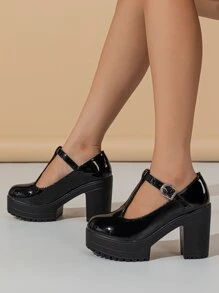 Platform Chunky Heeled Artificial Patent Leather Court Wedges - Black - View 4