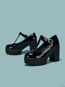 Platform Chunky Heeled Artificial Patent Leather Court Wedges - Black - View 5