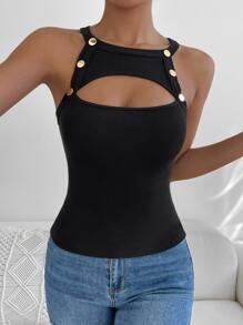 Allurite Button Detail Cut Out Halter Top - Black - View 3