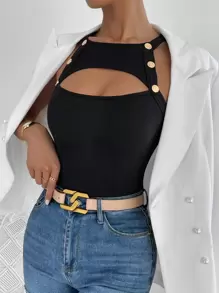 Allurite Button Detail Cut Out Halter Top - Black - View 4