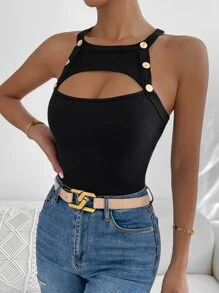 Allurite Button Detail Cut Out Halter Top - Black - View 5