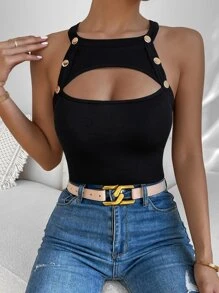 Allurite Button Detail Cut Out Halter Top - Black - View 6