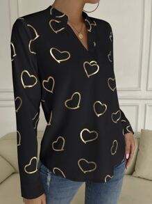 SHEIN LUNE Heart Print Notched Neck Blouse,Long Sleeve Tops Fall Cloth For Women - Black - View 3