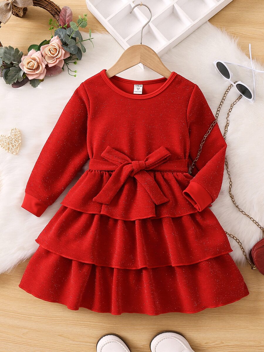 Toddler Girls Two Layer Hem Belted Dress - Red - View 1