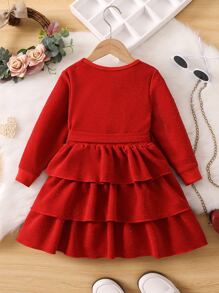 Toddler Girls Two Layer Hem Belted Dress - Red - View 2
