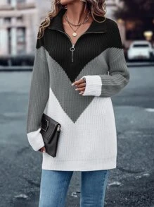SHEIN LUNE 撞色落肩拉链半开襟针织套头衫秋冬毛衣 - 彩色 - 查看 4