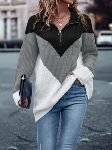 SHEIN LUNE 撞色落肩拉链半开襟针织套头衫秋冬毛衣 - 彩色 - 查看 5