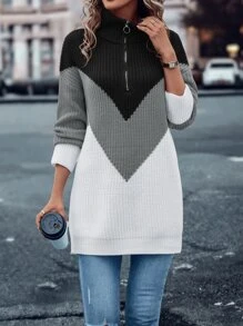 SHEIN LUNE 撞色落肩拉链半开襟针织套头衫秋冬毛衣 - 彩色 - 查看 6