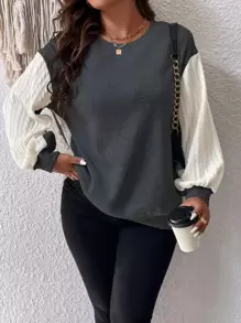 EMERY ROSE Plus Colorblock Bishop Sleeve Sweatshirt Graduation,Back To School Outfits,Graduation,Teacher Outfits For Women,Back To School Pullover Fall Outfit Winter Autumn