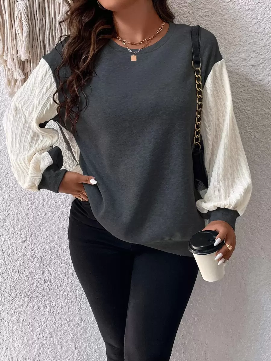 EMERY ROSE Plus Colorblock Bishop Sleeve Sweatshirt Graduation,Back To School Outfits,Graduation,Teacher Outfits For Women,Back To School Pullover Fall Outfit Winter Autumn