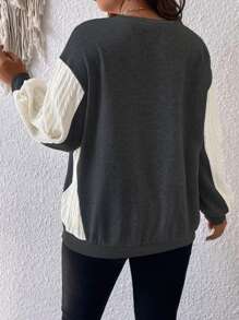 EMERY ROSE Plus Colorblock Bishop Sleeve Sweatshirt Graduation,Back To School Outfits,Graduation,Teacher Outfits For Women,Back To School Pullover Fall Outfit Winter Autumn