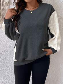 EMERY ROSE Plus Colorblock Bishop Sleeve Sweatshirt Graduation,Back To School Outfits,Graduation,Teacher Outfits For Women,Back To School Pullover Fall Outfit Winter Autumn