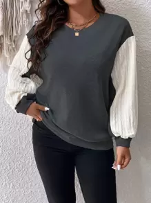 EMERY ROSE Plus Colorblock Bishop Sleeve Sweatshirt Graduation,Back To School Outfits,Graduation,Teacher Outfits For Women,Back To School Pullover Fall Outfit Winter Autumn