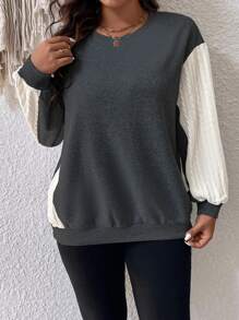 EMERY ROSE Plus Colorblock Bishop Sleeve Sweatshirt Graduation,Back To School Outfits,Graduation,Teacher Outfits For Women,Back To School Pullover Fall Outfit Winter Autumn