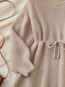 Chicas Vestido de punto de cintura con cordón de hombros caídos - Caqui - Ver 4