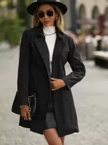 SHEIN Clasi 雙排釦腰帶風衣外套 - 黑色 - 查看 6
