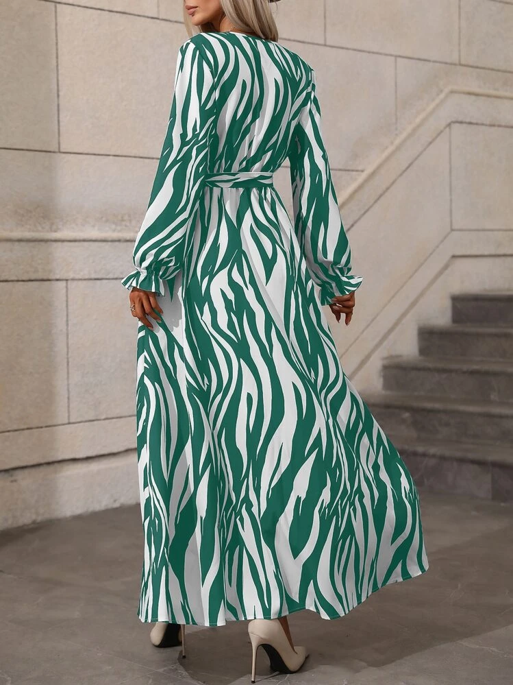 SHEIN Clasi Zebra Striped Surplice Neck Flounce Sleeve Belted Dress - Green - View 2