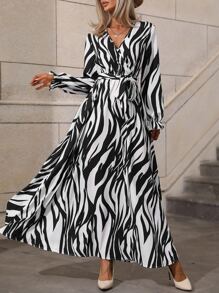 Chiquease Zebra Striped Print Surplice Neck Belted Dress - Black and White - View 3