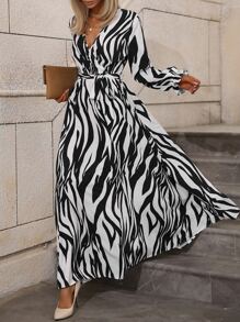 Chiquease Zebra Striped Print Surplice Neck Belted Dress - Black and White - View 5