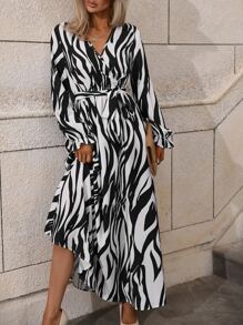 Chiquease Zebra Striped Print Surplice Neck Belted Dress - Black and White - View 6