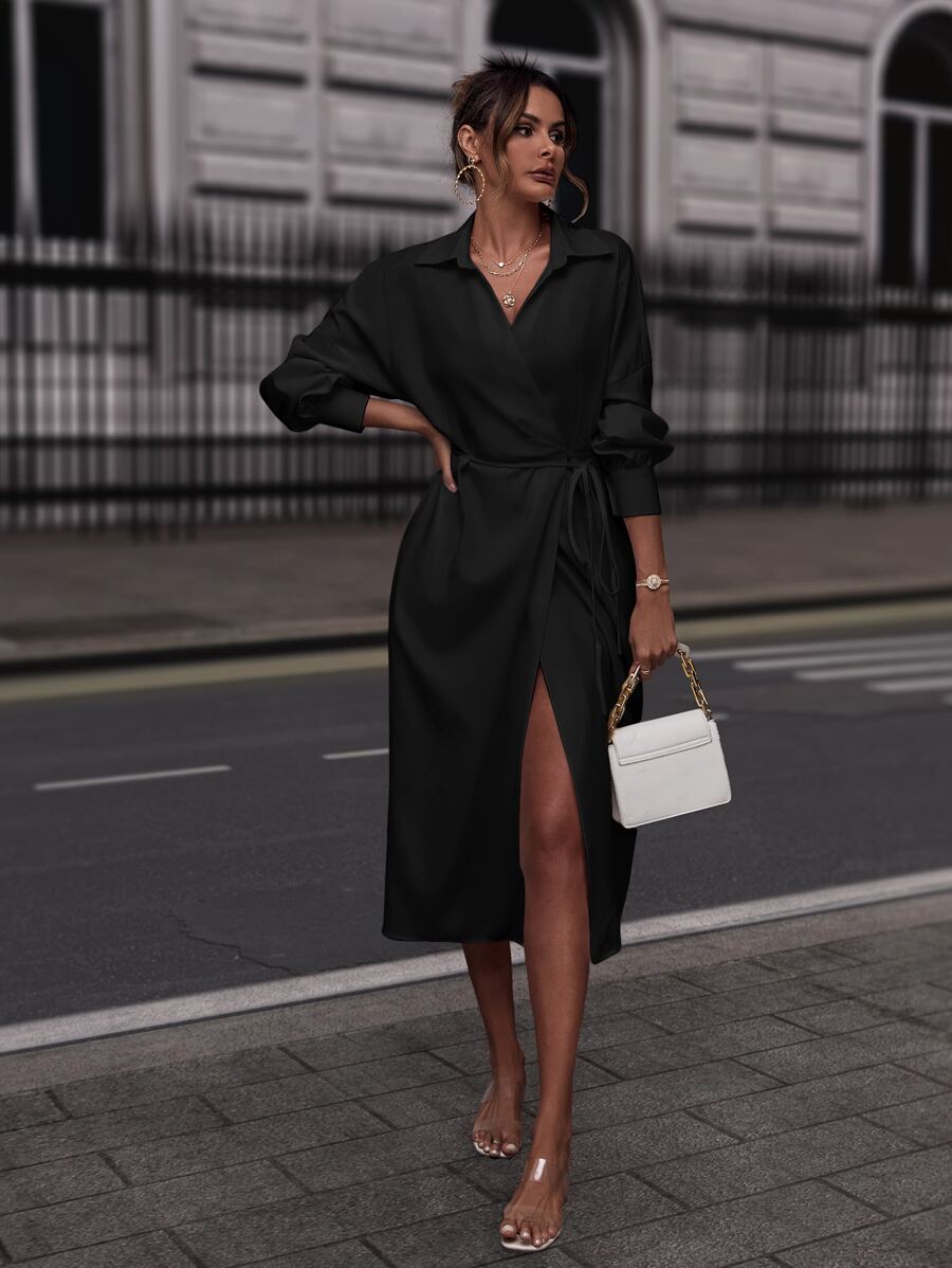 SHEIN Privé Drop Shoulder Self-tie Wrap Shirt Dress - Black - View 1