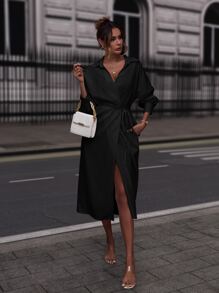 SHEIN Privé Drop Shoulder Self-tie Wrap Shirt Dress - Black - View 4