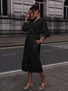 SHEIN Privé Drop Shoulder Self-tie Wrap Shirt Dress - Black - View 6