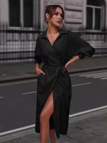 SHEIN Privé Drop Shoulder Self-tie Wrap Shirt Dress - Black - View 7