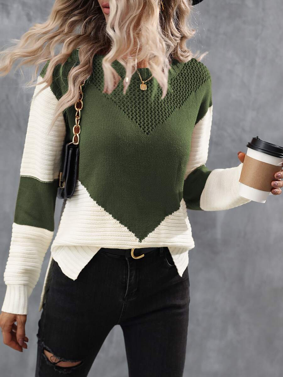 SHEIN LUNE Jersey de dos tonos de hombros caídos bajo con abertura - Multicolor - Ver 1