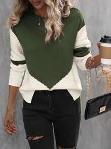 SHEIN LUNE Jersey de dos tonos de hombros caídos bajo con abertura - Multicolor - Ver 3